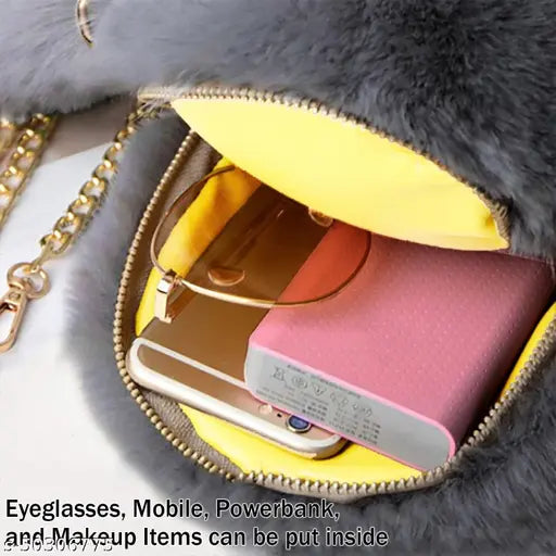 Golden synthetic slingbag with fluffy rabbit design, perfect gift for any occasion, free size (25x20x5in), India origin