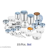 Stainless steel 23PC heavy gauge kitchen set with blue PC lids, airtight and stackable food storage solution