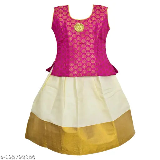Cotton-silk sleeveless lehenga choli set, latest Pattu Langa Pavadai for baby girls, India origin
