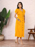 Mustard Rayon Slub Front Open Style Kurta, trendy long gown with high-low hem, versatile neckline & sleeves