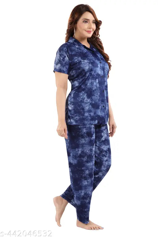 Printed color satin night suite set for women and girls - shirt and pyjama set, solid pattern sleepwear on display