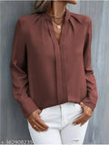 Brown polyester long sleeve solid V-neck top and tunic for women, perfect casual wear
