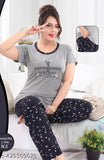 Printed hosiery cotton women's nightsuit set in Rama and Navy Blue, featuring a half sleeve T-shirt and matching pajama pants