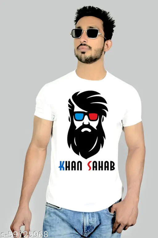Cotton silk printed net half sleeve t-shirt "Khan Sahab with Glass" - Indian fashion staple for versatile style