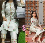 Embroidered cotton kurti set with pants for women, fancy emrodary work and bottom, three-quarter sleeves, India