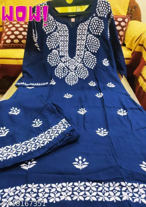 Chikankari rayon kurta and palazzo set, printed net three-quarter sleeves, India-made traditional clothing