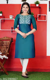 Art Silk Embroidered Kurta, three-quarter sleeves, Indian women's fashion