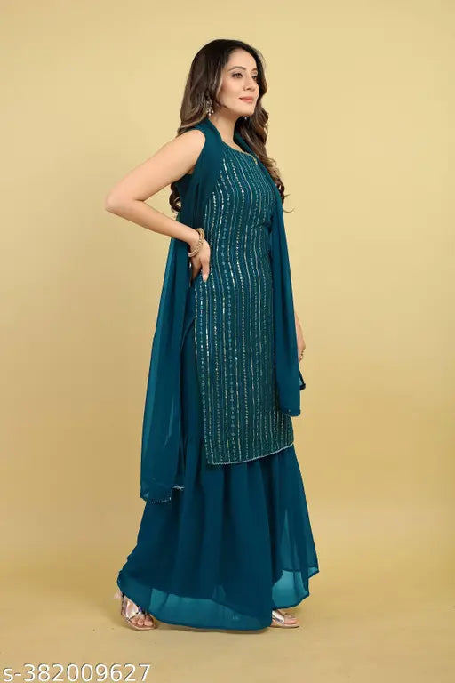 Maroon and white striped Georgette kurta sharara set for women - elegant, embellished, festive fashion choice