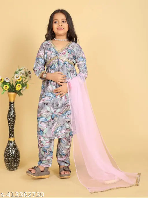 Kora muslin girls kurti with dupatta, soft and printed A-line style, various sizes from 4-5 to 13-14 years