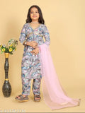 Kora muslin girls kurti with dupatta, soft and printed A-line style, various sizes from 4-5 to 13-14 years
