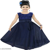 Navy Blue Rayon Sleeveless Maxi/Full Length Party Dress for Girls, embroidered net pattern, stylish without sleeves