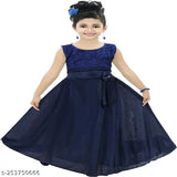Navy Blue Rayon Sleeveless Maxi/Full Length Party Dress for Girls, embroidered net pattern, stylish without sleeves