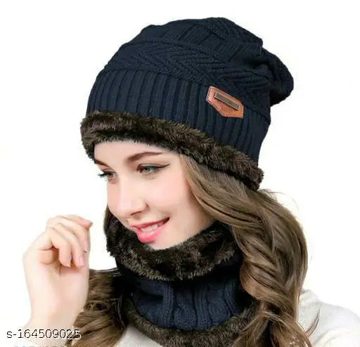 Trending women's & girls combo set: 2-piece woolen balaclava cap & neck muff, velvet touch socks inside fur lining