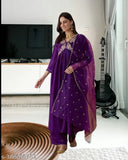Vichitra Silk Embroidered Purple Kurta Set with Organza Dupatta and Bottomwear - Indian ethnic fashion, rich embroidery, versatile style