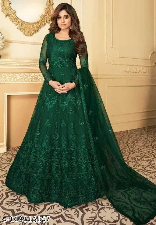 Green embroidered net gown, long sleeves, free size (44in bust, 58in length), Indian origin
