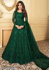 Green embroidered net gown, long sleeves, free size (44in bust, 58in length), Indian origin