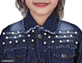 Dark blue denim kids jacket, long sleeves, dyed/washed pattern for ages 4-11, Indian origin