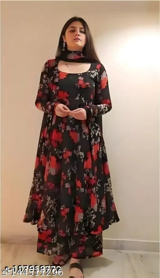 Attractive black georgette print kurta plazzo and dupatta set for ladies - single size, long-sleeved georgette Indian outfit with bottomwear in printed pattern