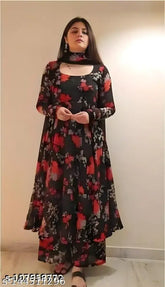 Attractive black georgette print kurta plazzo and dupatta set for ladies - single size, long-sleeved georgette Indian outfit with bottomwear in printed pattern