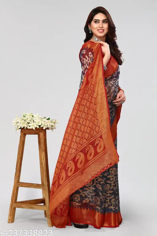 Grey Brasso floral printed chiffon saree & blouse set for women, India