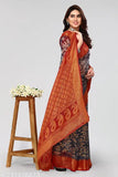 Grey Brasso floral printed chiffon saree & blouse set for women, India