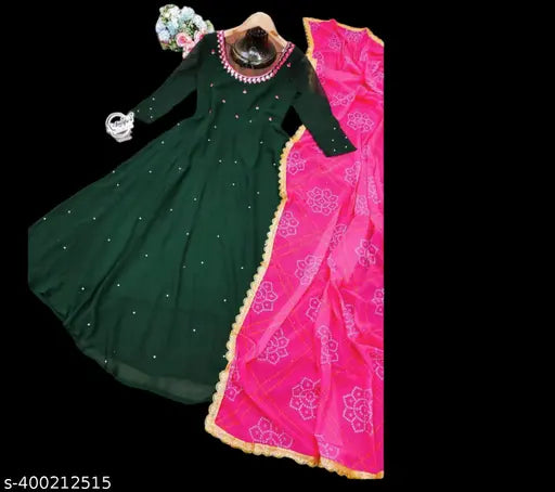 Green Georgette bandhni dupatta with mirror work, embellished pattern, and digital print for casual dressing. Made from fox Georgette fabric, featuring lace and stone detailing on a maxy gown dress with a flare of 3.5mts. Available in sizes S-4XL (bust size: 42in), originating from India