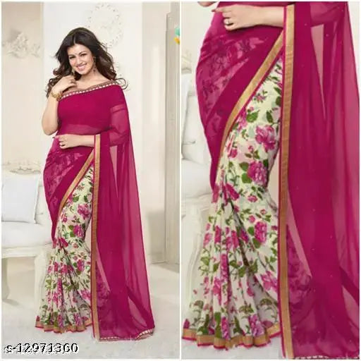 Georgette pink lace border saree with separate blouse piece, printed pattern matching border