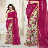 Georgette pink lace border saree with separate blouse piece, printed pattern matching border