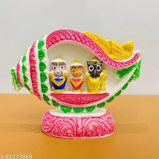 Marble handicraft of Jagannath Balabhadra & Shubhadra, beautiful showpiece (15x12x0.5cm), useful for home, office, or temple