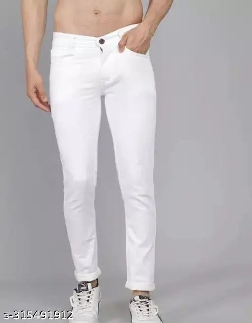 Cotton blend, plain white jeans for men - size 28, 30, or 32 from India