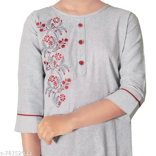 Girls Grey Cotton Blend Embroidered Kurti Pack of 1 - Three-Quarter Sleeve, size 4-5 years