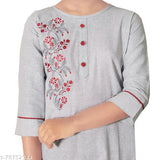 Girls Grey Cotton Blend Embroidered Kurti Pack of 1 - Three-Quarter Sleeve, size 4-5 years