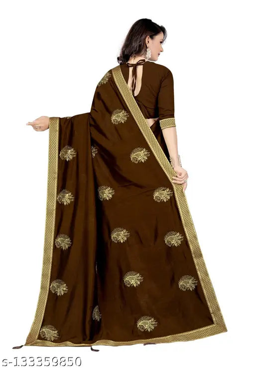 Beautiful coffee-colored vichitra silk saree with zari embroidery and fensi lace, perfect for formal festive wear