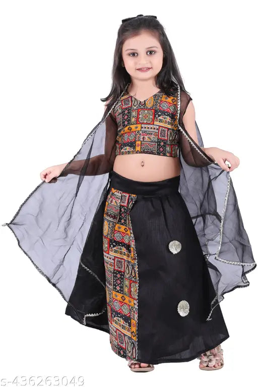 Girls new Sharara set for festive and wedding wear - cotton silk lehenga, dupion silk dupatta, net sleeves, self-design, solid stitch type. Sizes range from 1-2 years to 7-8 years, Indian origin