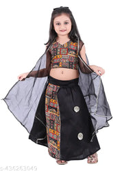 Girls new Sharara set for festive and wedding wear - cotton silk lehenga, dupion silk dupatta, net sleeves, self-design, solid stitch type. Sizes range from 1-2 years to 7-8 years, Indian origin