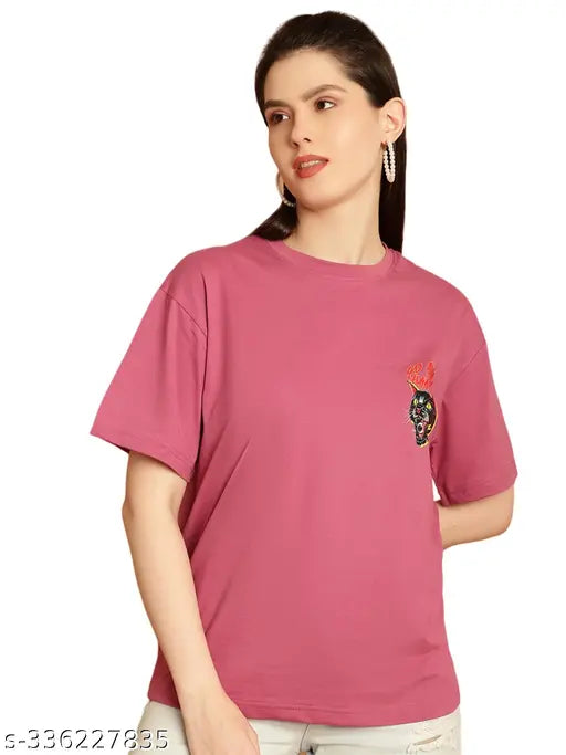 Oversized printed pink cotton women's t-shirt (LZ-Oversize-502), trendy, comfortable, casual wear