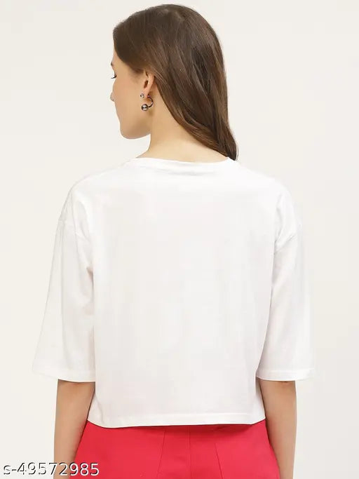 White cotton crop top with stylish printed design, three-quarter sleeves, size S