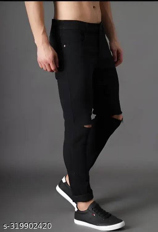 Black denim knee-cut jeans with ripped pattern, perfect fit for men's wardrobe