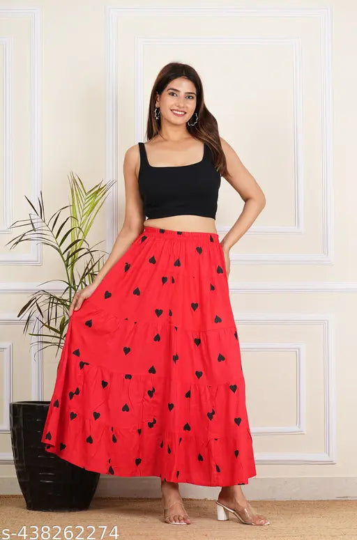 Red love print viscose rayon skirt, free size with printed net pattern