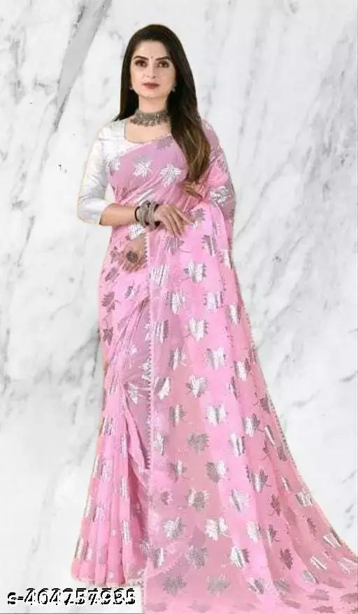 Pink Georgette saree with silver flower print, Indian handloom fashion