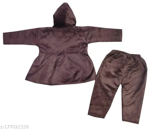 Woolen kids winter hoody frock & pyjama set, soft fur for baby girls in solid design