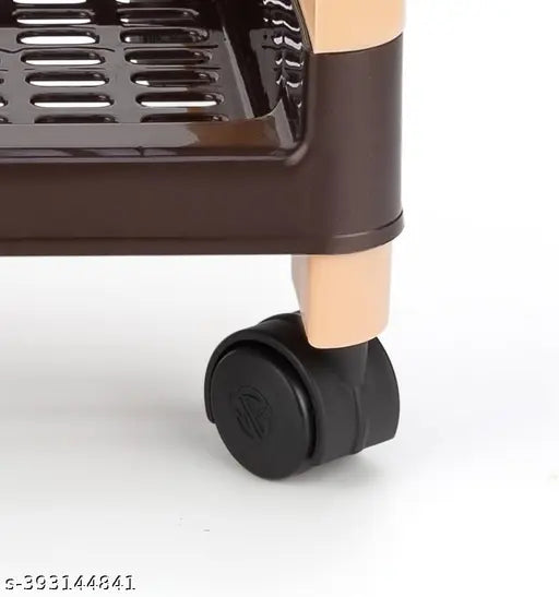 Brown plastic kitchen storage rack with 5 layers and 4 wheels, ideal for fruit, vegetable, and bathroom accessories organization