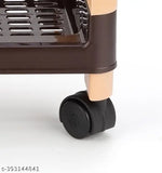 Brown plastic kitchen storage rack with 5 layers and 4 wheels, ideal for fruit, vegetable, and bathroom accessories organization