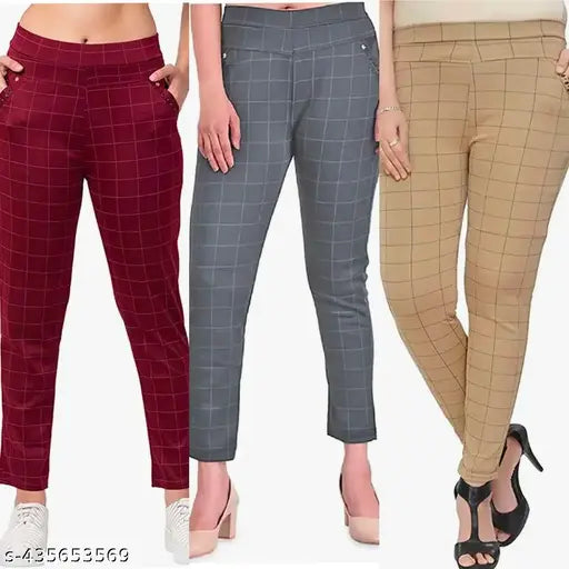 Maroon Grey Brown lycra checkered net jeggings 3-pack for women's/girls, offering advanced quality double pockets for added convenience and stretchable comfort