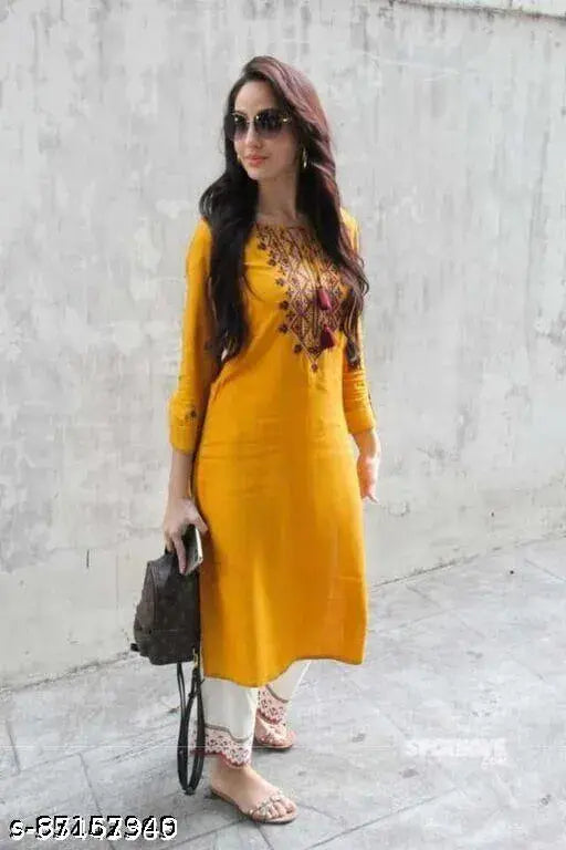 Graceful rayon kurta & palazzos set with embroidered net, three-quarter sleeves, Indian women's fashion