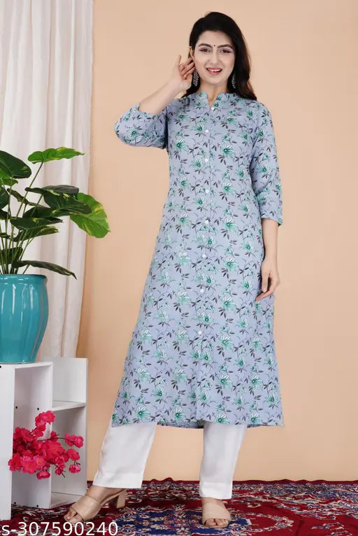 Pink rayon straight kurti, ethnic motif printed, three-quarter sleeves. Indian fashion for women, size S-5XL
