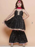 Black rayon sleeveless kids Sharara set with printed pattern, trending fashion for parties, size 5-6 years (top length: 27in, bottom length: 26in)
