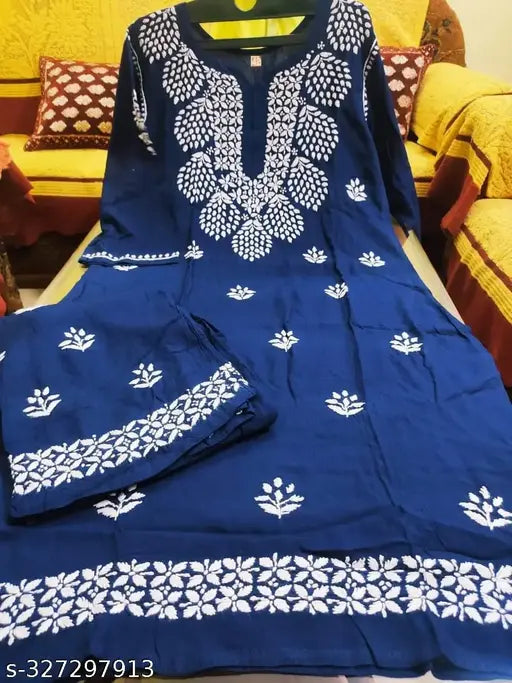Rayon kurti and palazzo set, three-quarter sleeves, embroidered net, women's ethnic wear, Indian fashion