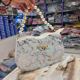 Synthetic marble wave-handle sling bag, printed net design, two compartments for women and girls, trendy accessory