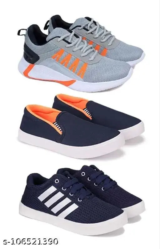 Multicolor canvas and PVC lace-up sports shoes for kids, perfect for running, walking, gym, trekking, and hiking (Pack of 3) - Durable, lightweight, and breathable for daily wear